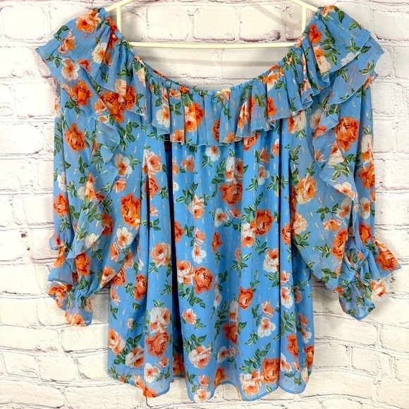 Multicolored Ruffled Puff Sleeve 3/4 Blouse Flowy lightweight pastel plus 22/24 - Picture 1 of 8